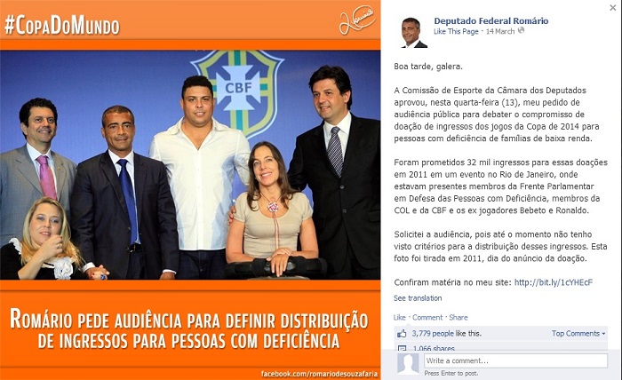 romário critica ronaldo facebook