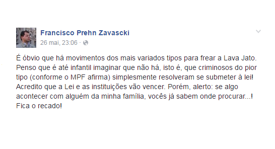 Post do filho de Teori Zavascki em maio de 2016