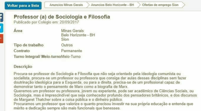 professor de Sociologia ideologia comunista escola sem partido mineiro particular direita