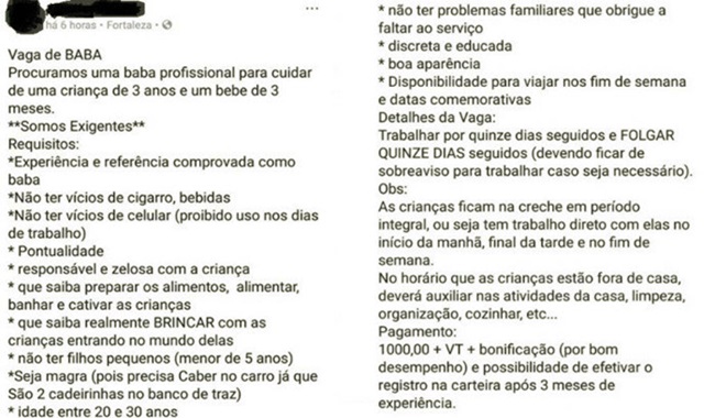 mulher exige babá bonita e magra fortaleza ceará salário 