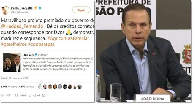 joão doria desmascarado vangloriar projeto haddad premiado paola