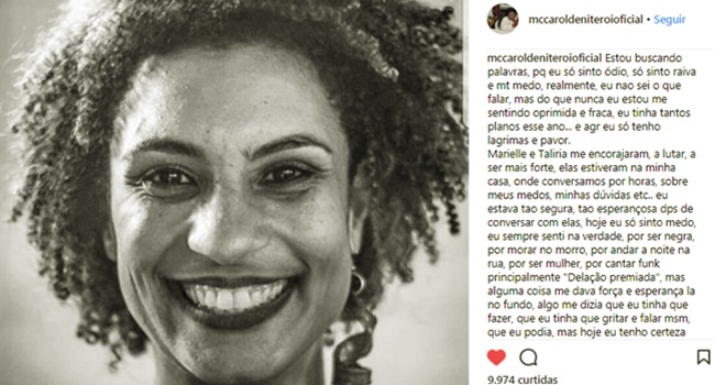 morte de Marielle ódio, raiva e muito medo Mc Carol 