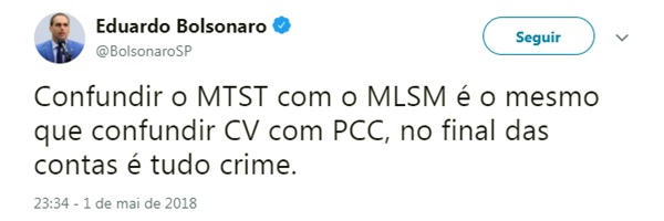 Eduardo Bolsonaro será processado fake news sobre MTST