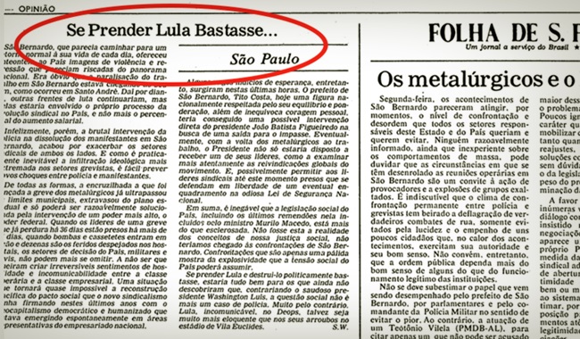 Editorial da Folha de 1980 prisão de Lula atuais