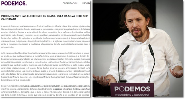 pablo iglesias Podemo espanha manifesto em defesa de Lula