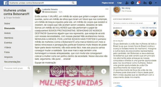 página mulheres contra Bolsonaro no Facebook milhão