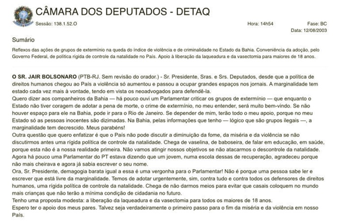 Bolsonaro apoiou grupo de extermínio que cobrava R$ 50 para matar jovens da favela