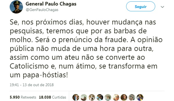 General Paulo Chagas aceita derrota Jair Bolsonaro