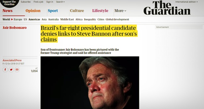 The Guardian Steve Bannon com Jair Bolsonaro fake news eua eleições trump