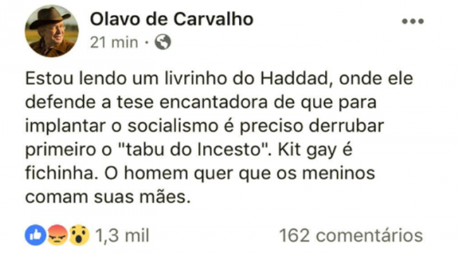 Olavo de Carvalho TSE liberou Bolsonaro campanha eleitoral sórdida história fake news mentiras boataria 