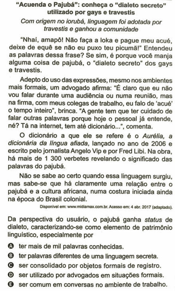 questão que motivou Bolsonaro a falar em censura prévia do ENEM