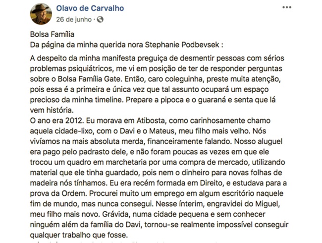 Filho de Olavo de Carvalho foi aprovado no Bolsa Família