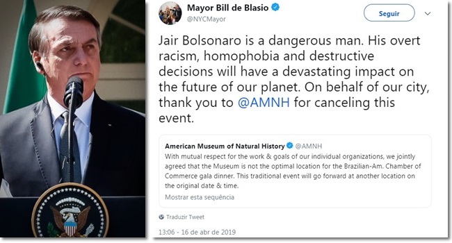 Prefeito de Nova York elogia museu por cancelar evento com Bolsonaro