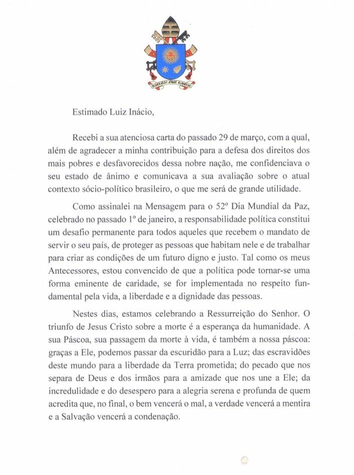 Lula recebe carta do Papa Francisco: "No final, o bem 