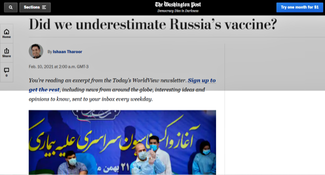 Washington Post vacina russa Sputnik V história de sucesso global