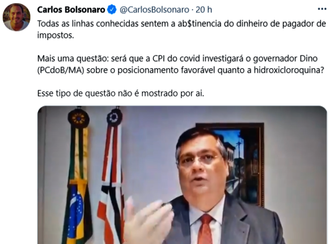 Irritado CPI da Covid Carlos Bolsonaro divulga fake news Flávio Dino
