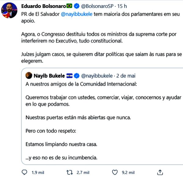 Eduardo Bolsonaro elogia golpe contra Supremo El Salvador