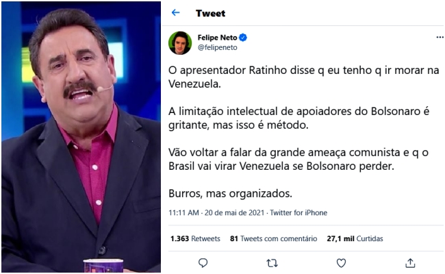 Felipe Neto rebate ataque Ratinho Limitação apoiadores Bolsonaro gritante