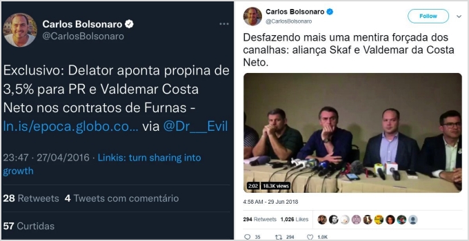 Carlos Bolsonaro apaga post propina Valdemar Costa Neto