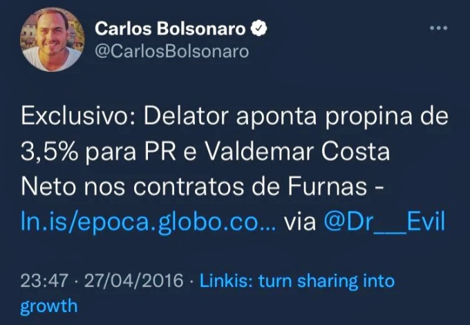  Carlos Bolsonaro apaga post propina Valdemar Costa Neto
