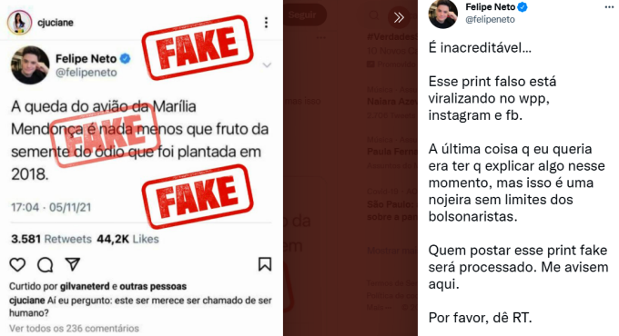 Felipe Neto vai processar espalhar mensagem falsa Marília Mendonça