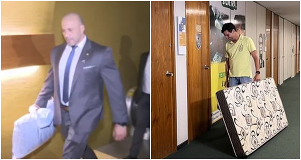 Daniel Silveira carrega travesseiro para gabinete na Câmar