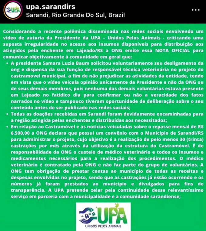 Veterinária espalhou mentiras sobre Lula enchentes desligada ONG UPA Rio Grande do Sul